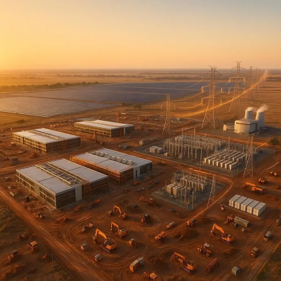 Aerial view of data infrastructure campus near transmission and renewable assets